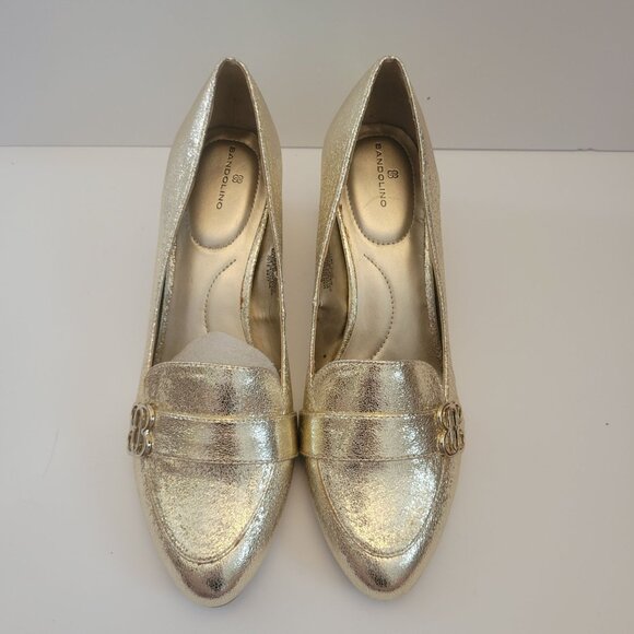 Bandolino Womens Gold Block Heel Loafers Size 10M With Metallic Finish & Logo Ac - Picture 1 of 9